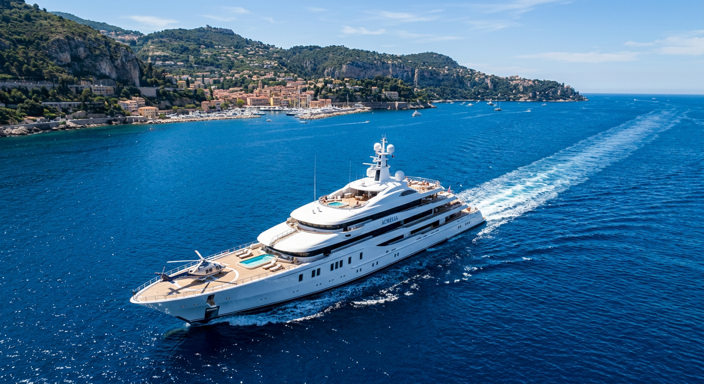 Aerial view of a large superyacht sailing on deep blue Mediterranean water, sunny day 223165
